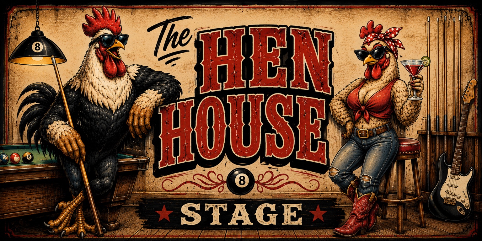 The Hen House Stage — rooster and hen with a pool table and guitar