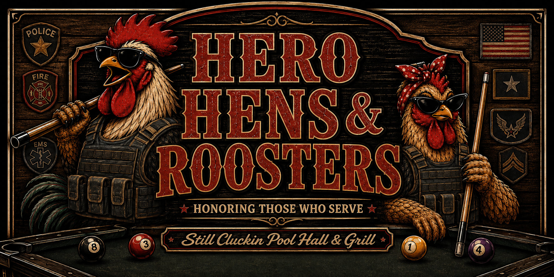 Hero Hens and Roosters: Honoring Those Who Serve. Still Cluckin rooster and hen in tactical vests beside a wall of first responder and military patches.