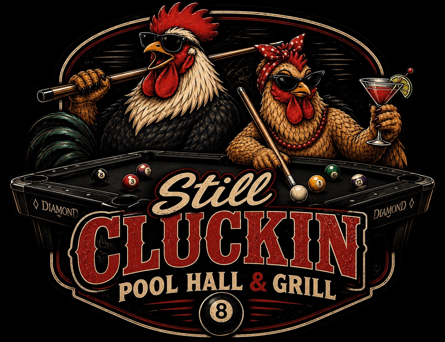Still Cluckin Pool Hall & Grill — rooster and hen at a pool table