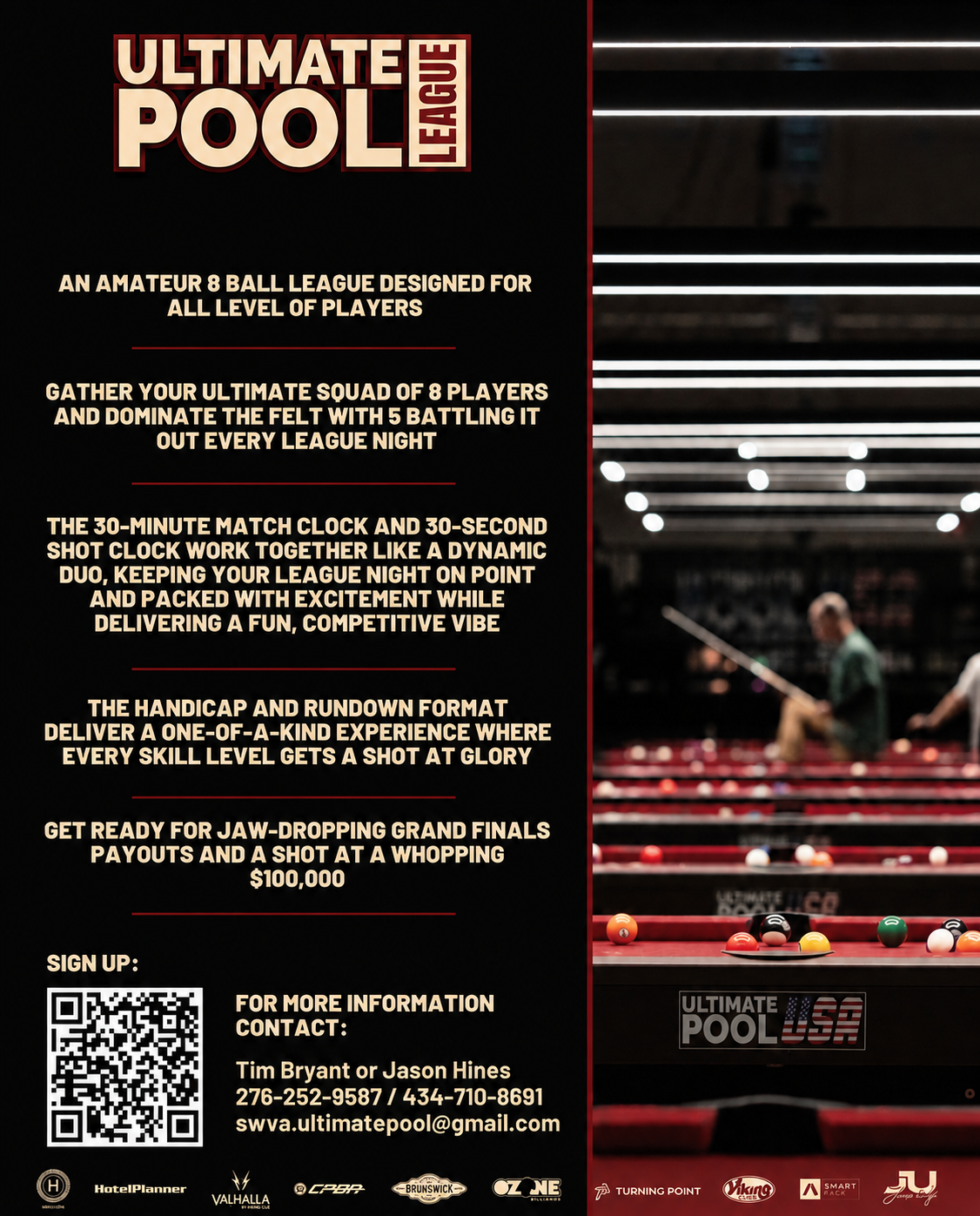 Ultimate Pool League flyer in black, deep red and cream, with league details, organizer contacts and sign-up QR code.